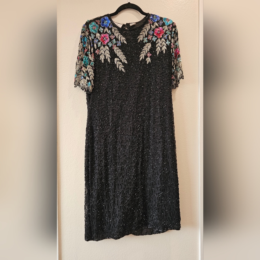 VINTAGE 100% Silk Laurence Kazar Black Dress with Colorful Floral Embroidery